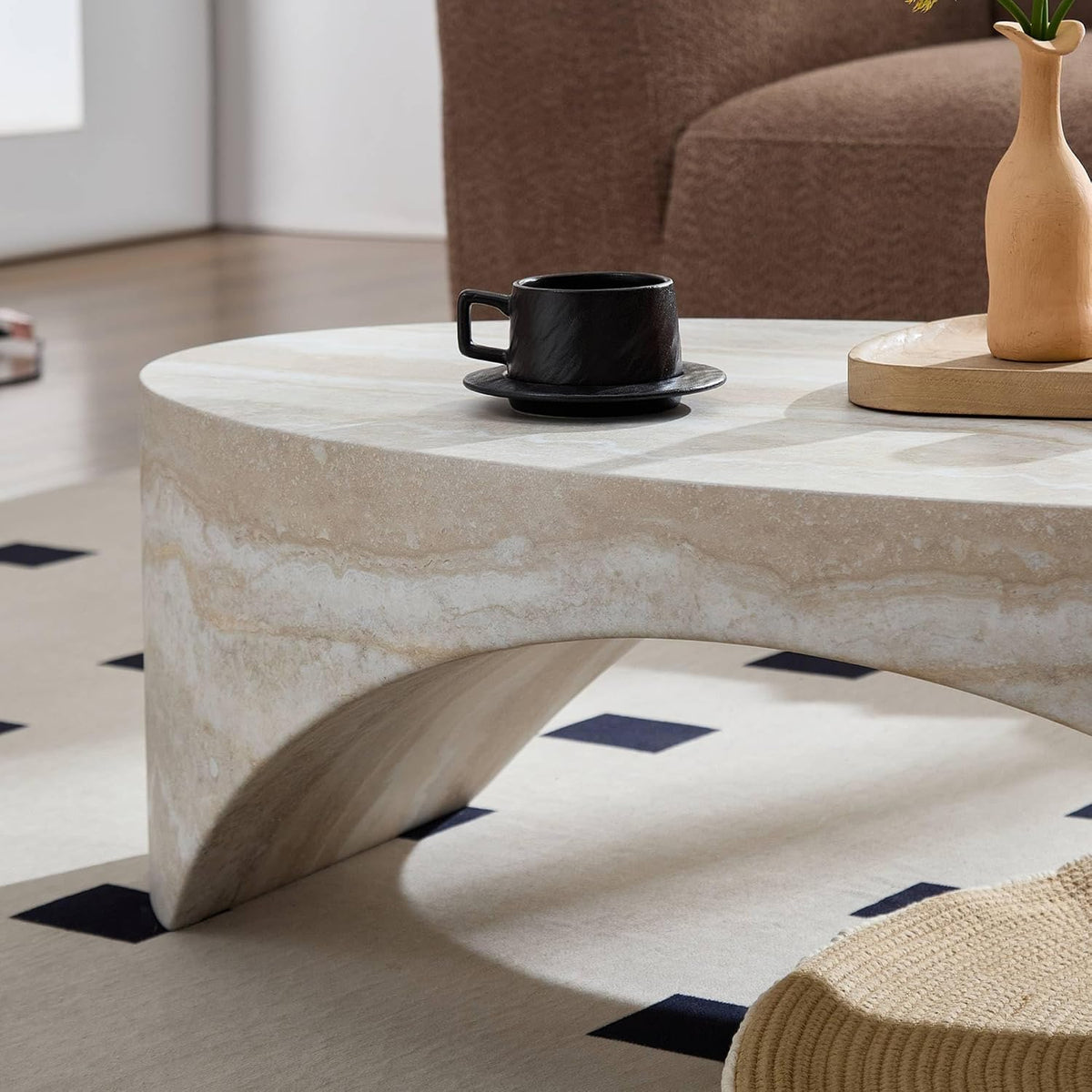 43.31' Oval Fiberglass Coffee Table, Modern Center Table for Living Room, No-Assembly Stone-Look Accent Table, Oval Marble-Inspired Coffee Table, Ivory Travertine Texture