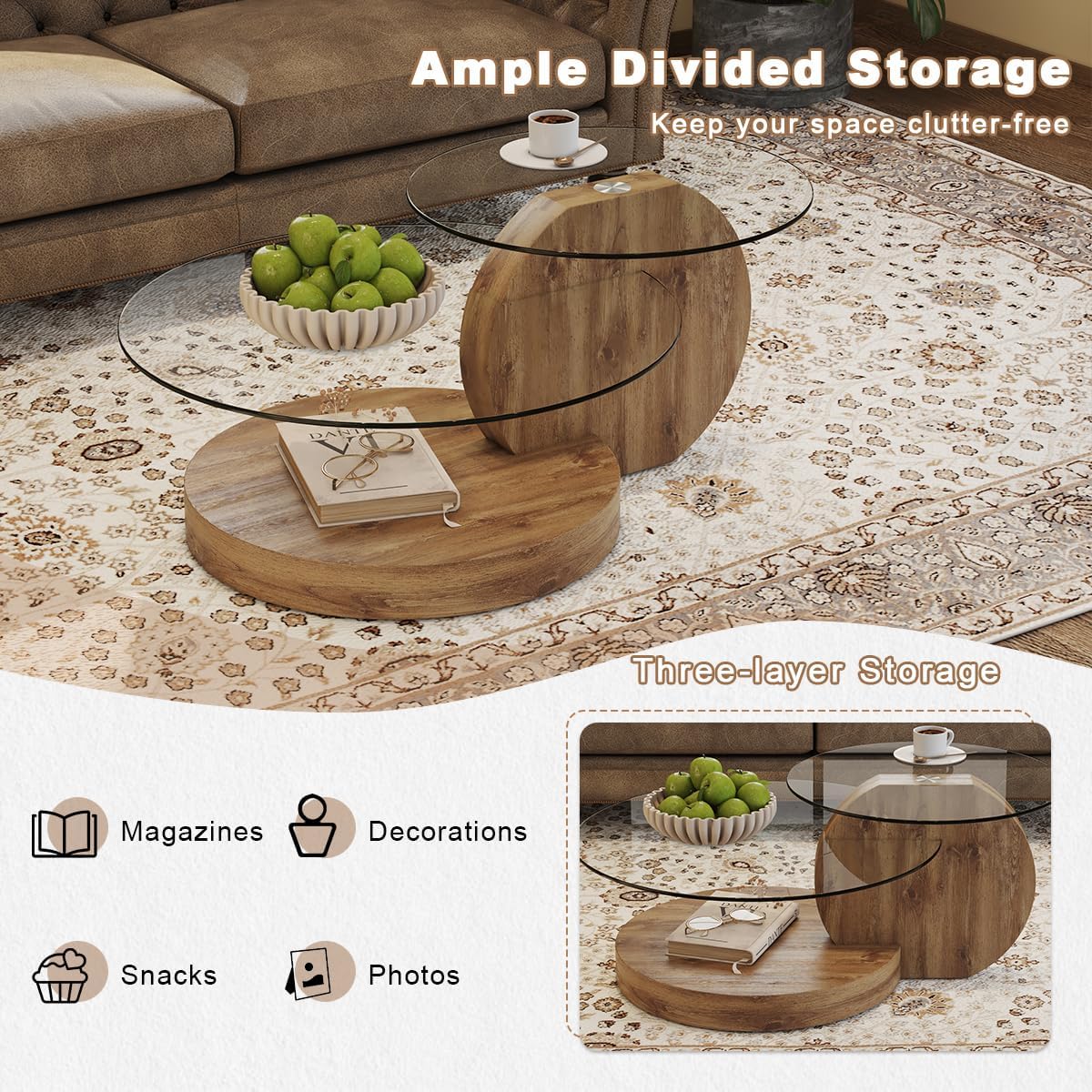 42' Glass Coffee Table｜Round Coffee Table｜3-Tier Design with Tempered Glass Tabletop｜Wood Color Wooden Base｜Large Storage Space｜Smooth Edge｜Ideal for Living Room｜Easy Assembly