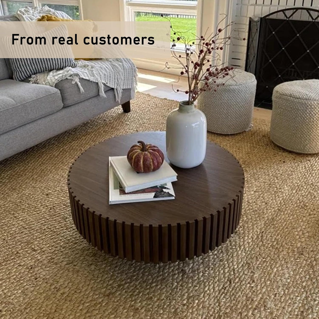 31.49' Coffee Table, Round Coffee Table Fluted, Wood Coffee Table for Living Room, Handcrafted Relief Carving, Easy Assembly, Walnut