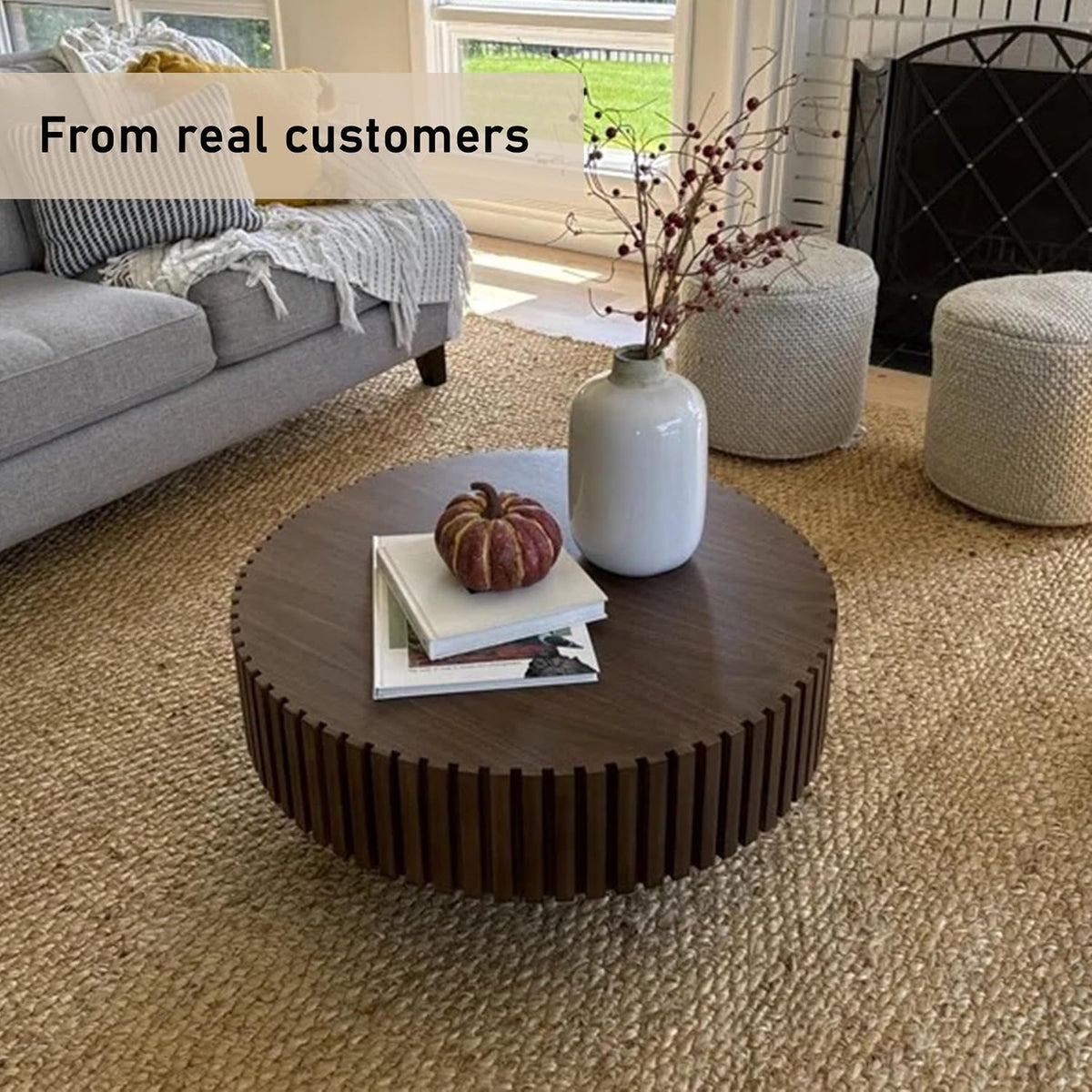 31.49' Coffee Table, Round Coffee Table Fluted, Wood Coffee Table for Living Room, Handcrafted Relief Carving, Easy Assembly, Walnut