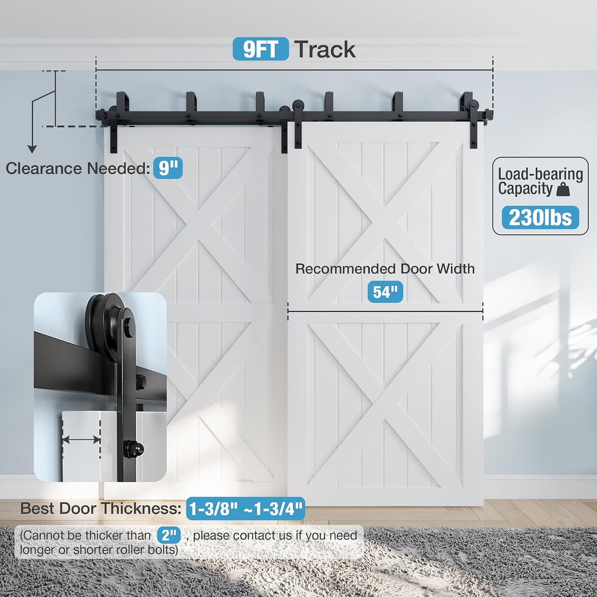 ZEKOO 9FT Double Track Bypass Sliding Barn Door Hardware Kit for 2 Doors, Bypass Barn Door Track Kit, Low Ceiling, Easy Install, I Shape Hanger, Fit 54' Wide Door Panel
