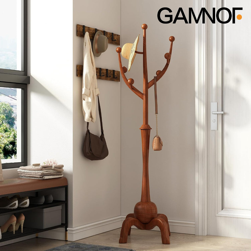 Wood Freestanding Coat Rack with 8 Hooks Wooden Hat Coat Tree Standing Clothes Hanger with Sturdy Sphere Base and Tree Branch Hooks 160lb Load Capacity for Entryway Hallway Bedroom, Walnut