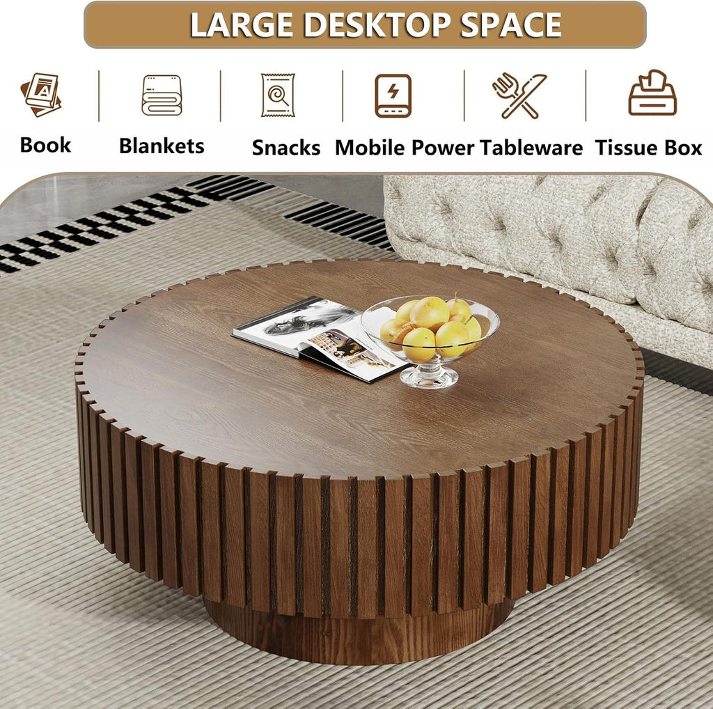 Round Handcraft Fluted Coffee Table with Sturdy Stable Pedestal Modern Luxury Drum Center Table Circle Accent Base Center Tables for Living Room Apartment (G)
