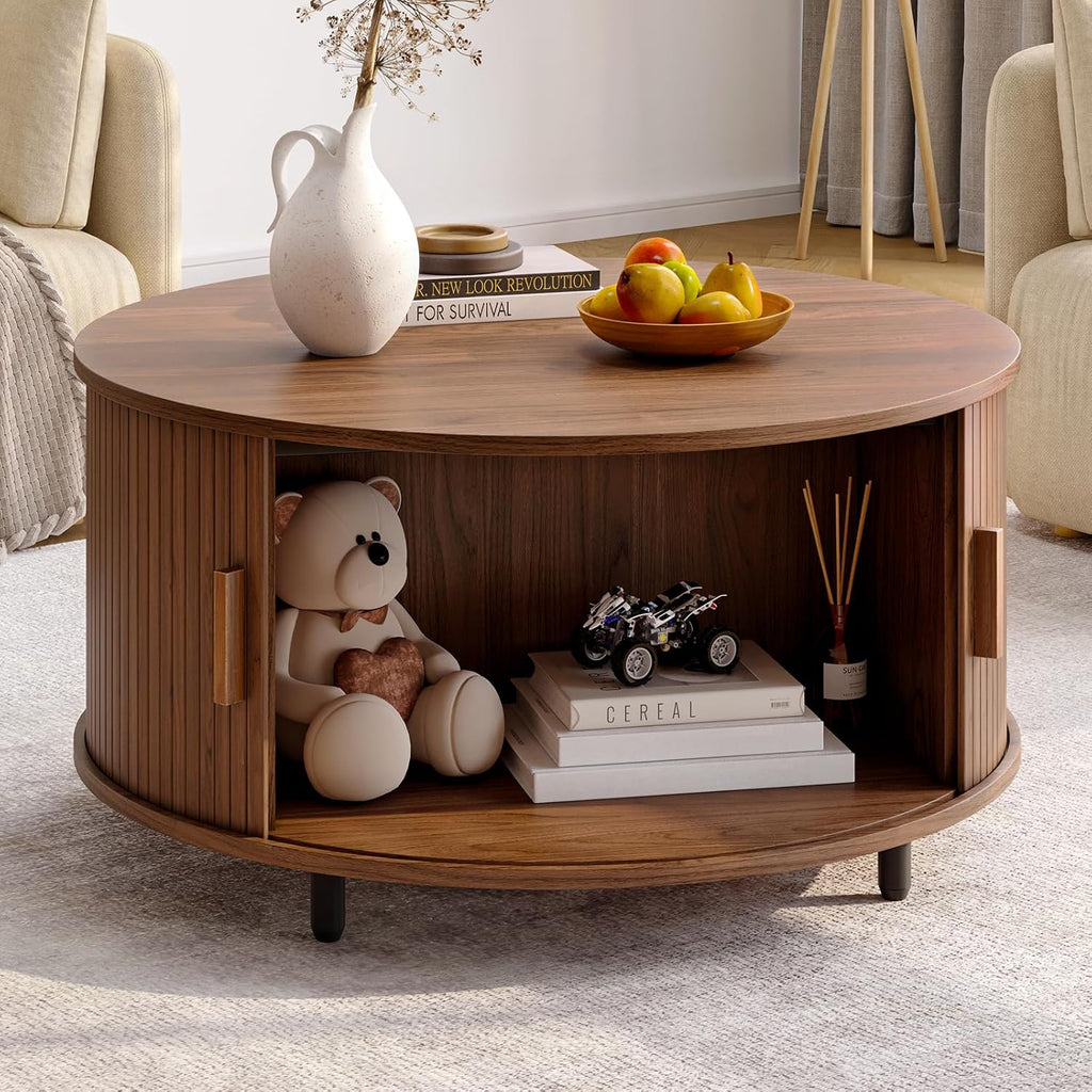 ONBRILL Round Coffee Table with Storage, 31.5' Modern Coffee Table with 360° Curved Sliding Door, Fluted Wood Accent Coffee Table with Adjustable Footpads, Round Center Table for Living Room, Walnut