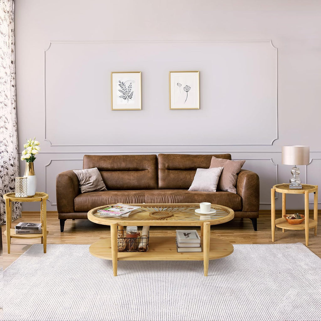 RUSTOWN Rattan Coffee Table Set of 3, Boho Living Room Table Set Includes Oval Coffee Table & 2 End Tables, 3-Piece Accent Sofa Side Tables Set with Rattan & Tempered Glass Top (Natural)