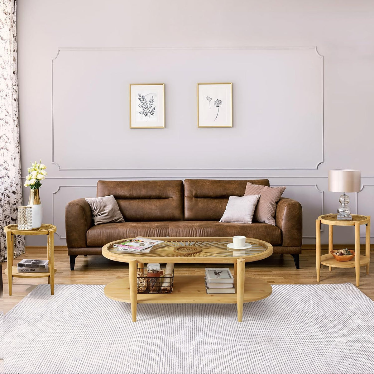 RUSTOWN Rattan Living Room Set 4 Pieces, Includes Console Table, Oval Coffee Table & 2 End Tables, Boho Farmhouse Set for Living Room, Bedroom, Home Office, Natural