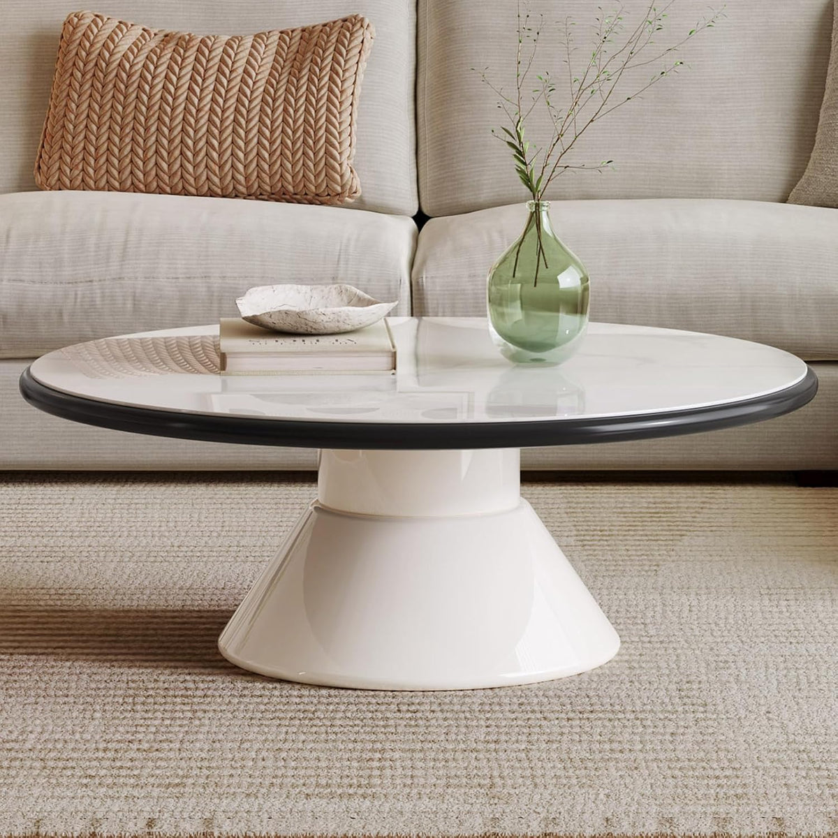 Round Faux Marble Look Coffee Table, White CenterTable with Stable Pedestal, Modern Tempered Glass Designed White Marble Dining Table for Kitchen,Living Room,Apartment,Restaurant