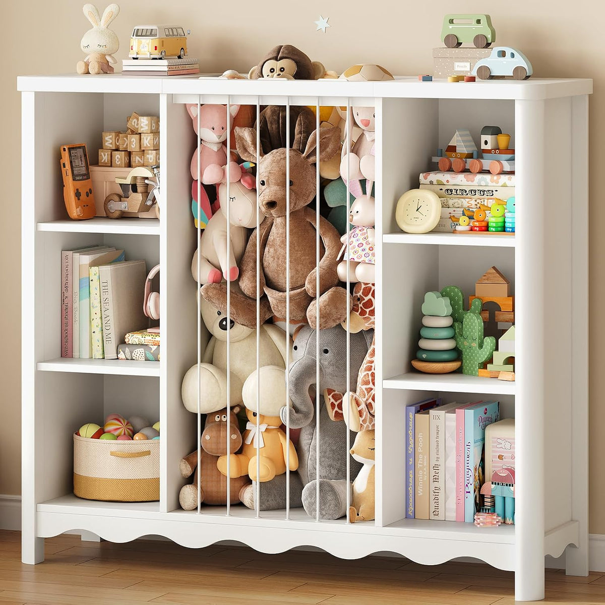 ONBRILL Wooden Stuffed Animal Storage, 6 Cube Toy Storage Organizer w/Wave Design, Plush Toy Organizers and Storage w/Elastic Band Thick Board, Kids Bookshelf for Kids Room Nursery Playroom (White)