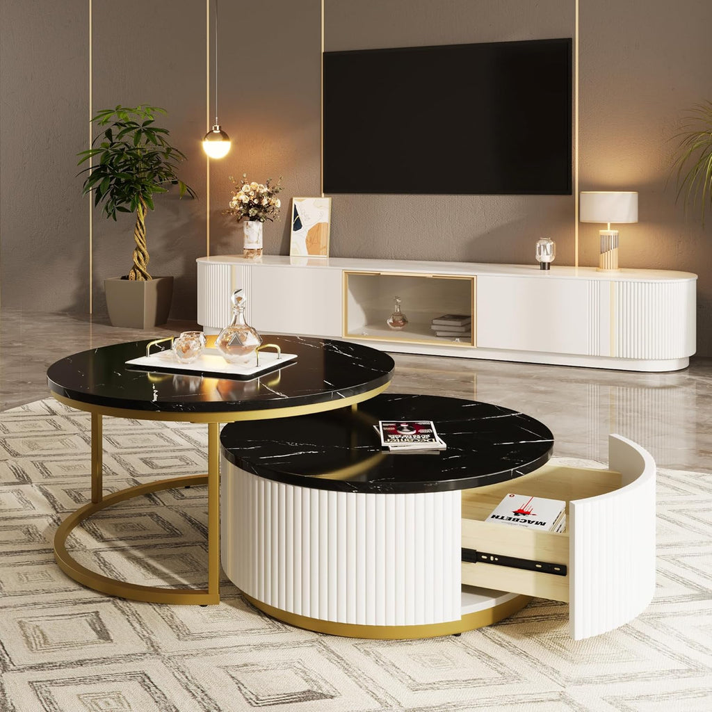 31.5' Black Round Nesting Coffee Table, Modern Coffee Table for Living Room with Storage Drawer Marble Tabletop End Side Table for Bedroom Dining Room