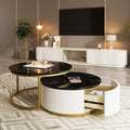 31.5' Black Round Nesting Coffee Table, Modern Coffee Table for Living Room with Storage Drawer Marble Tabletop End Side Table for Bedroom Dining Room