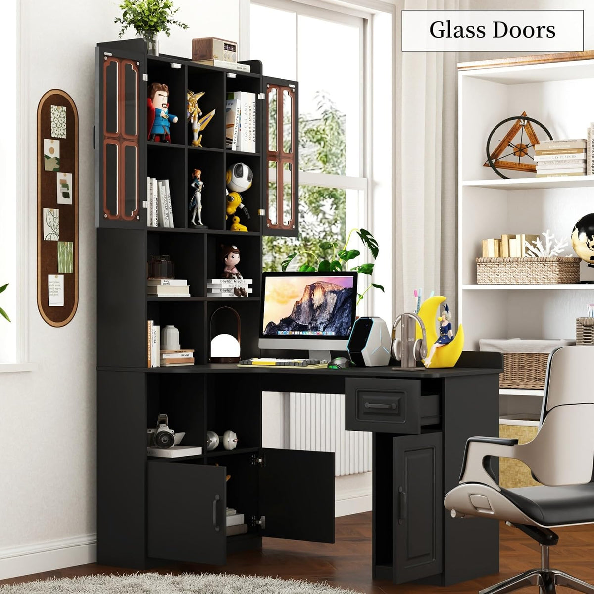 KEIKI Home Office Desks with Hutch, Drawers, Bookshelf, Storage Cabinet & Glass Doors, Modern Wooden Computer Corner Table for Work, Study, Writing