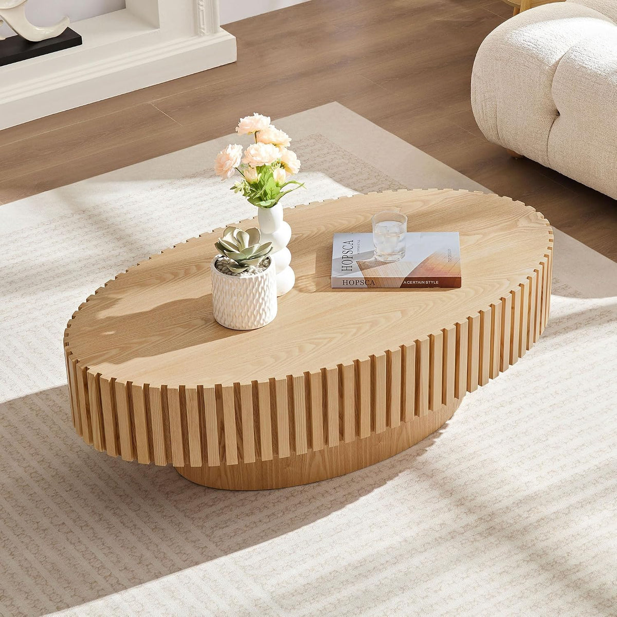 43.31' Natural Ash Oval Coffee Table for Living Room, Wood Drum Pedestal Table Farmhouse Boho Modern Nesting Round Center Table with Handcrafted for Small Space Apartment, Easy Assembly, Oak