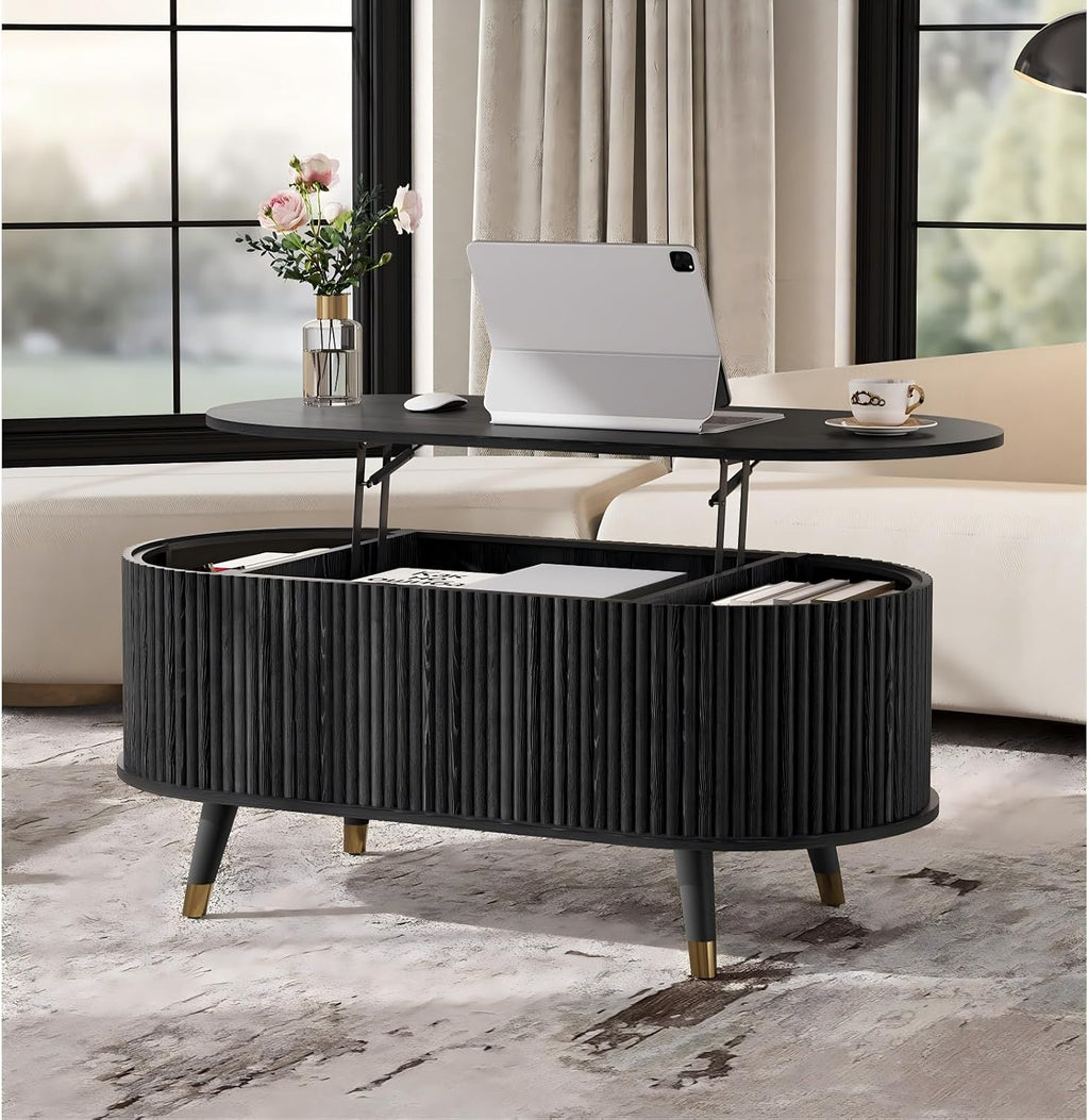 Jiansu furni Lift Top Coffee Table with Storage,42.5' Oval Coffee Table with Hidden Compartment & Solid Wood Legs,Modern Fluted Center Table for Living Room,Home Office,Black