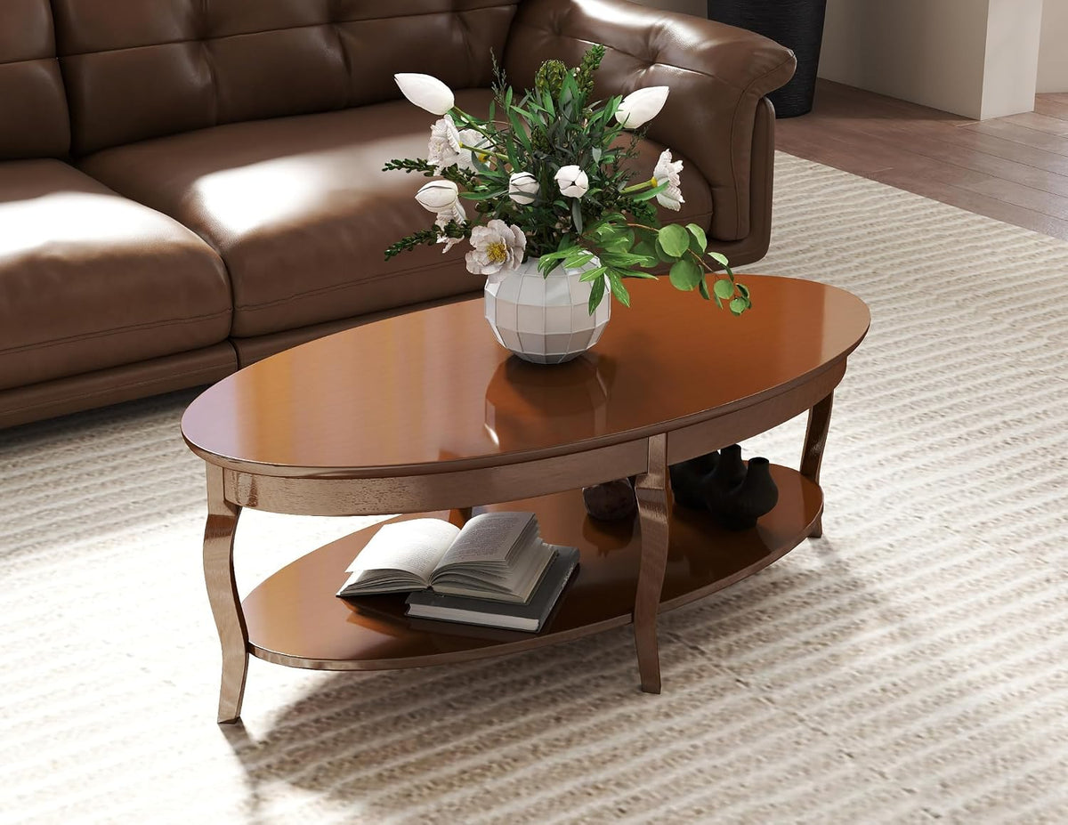 47' Oval Coffee Table 2-Tier Coffee Table with Storage Shelf Solid Wooden Center Table for Living Room Bedroom Office, Walnut