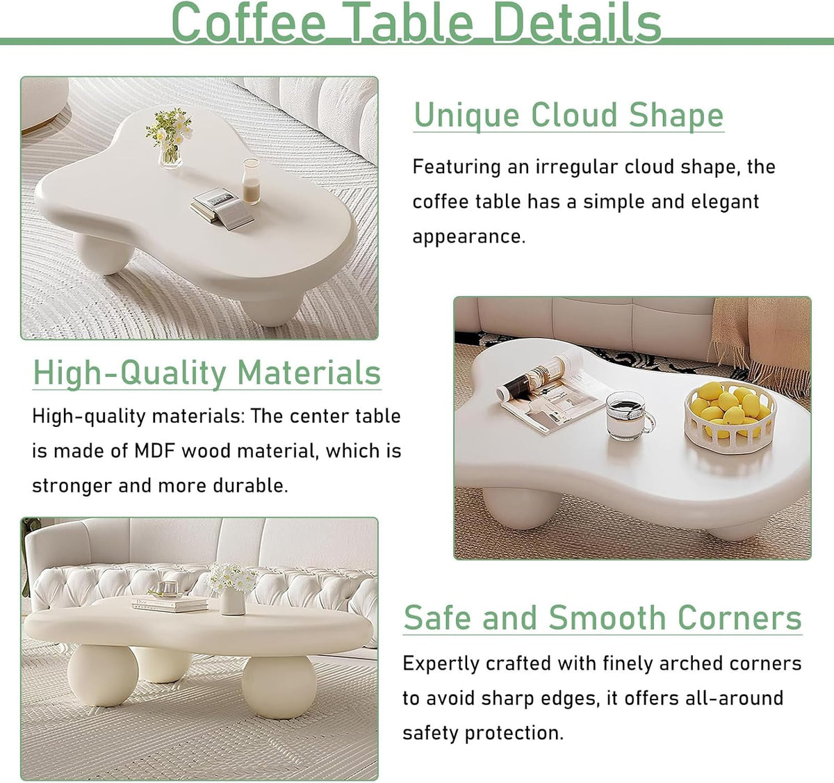 White Cloud Coffee Table 46.06' Unique Modern Cartoon Coffee Tables Cute Irregular Coffee Table Indoor End Table Cream Cloud Coffee Tables for Living Room Bedroom, Easy Assembly (46.06' White B1)