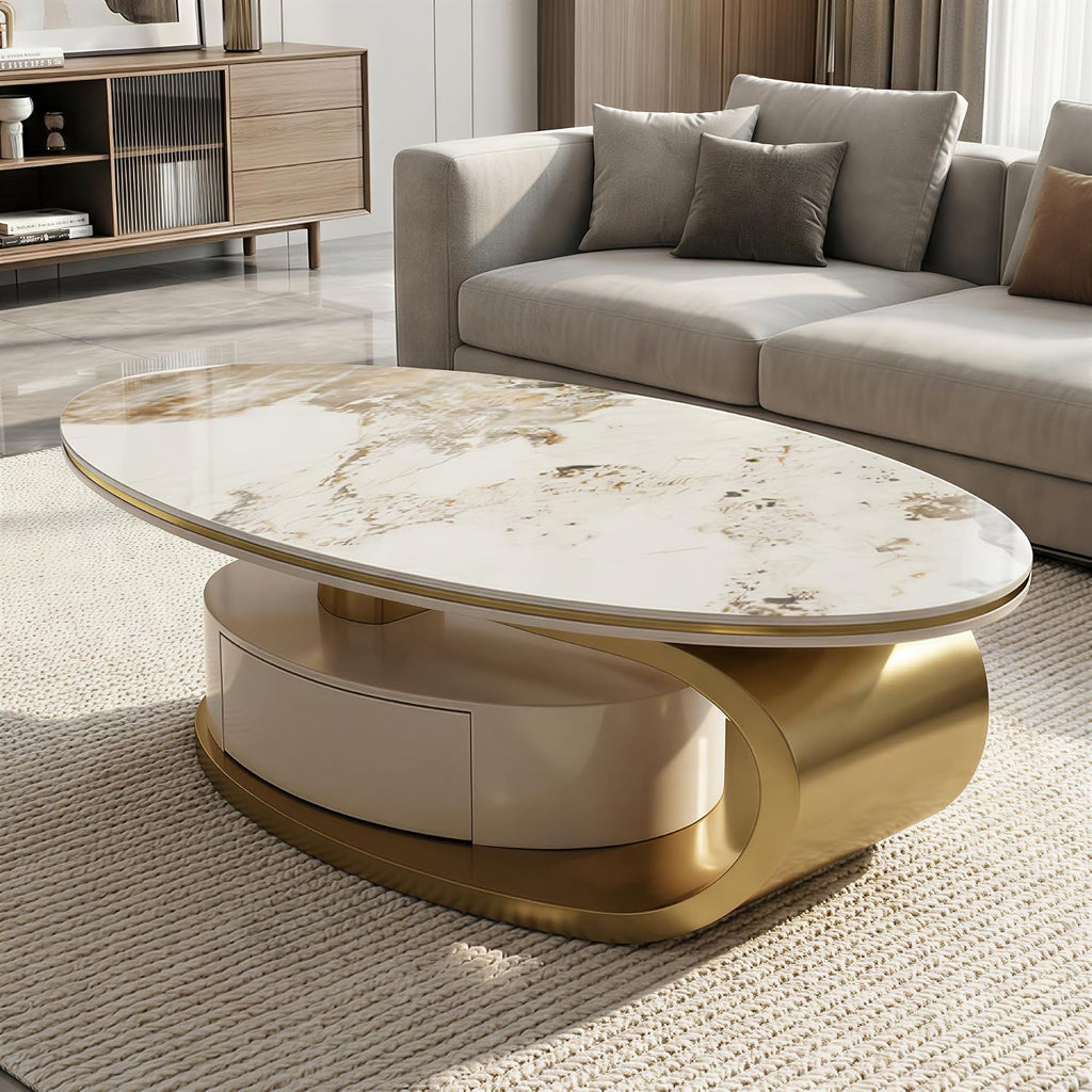 16.93' H Oval Coffee Table with Storage Drawer, Modern Center Tablet with Sintered Stone Tabletop and Marble Pattern, Luxury Coffee Tables with Gold Stainless Steel Base for Bedroom Home Office Beige