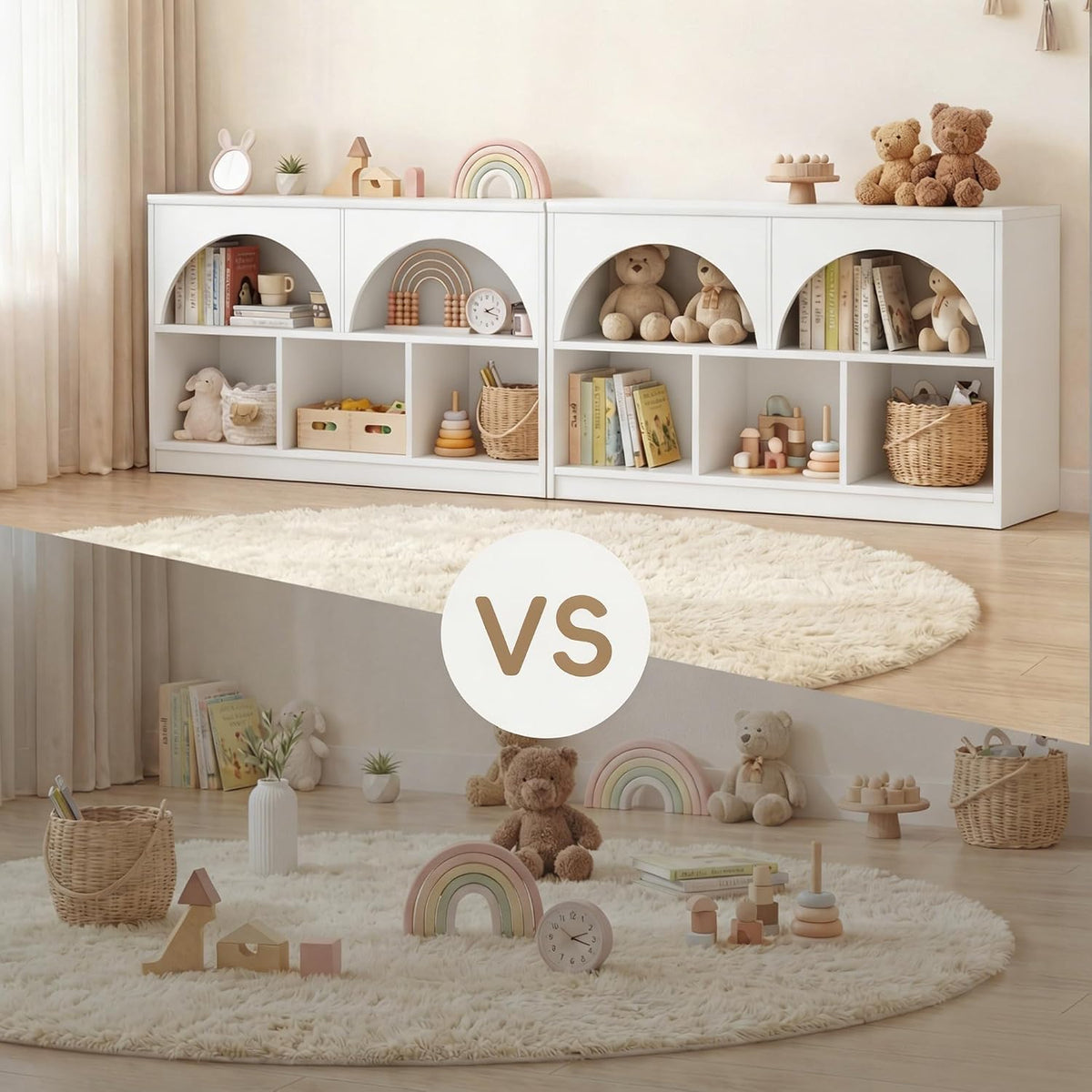Fatmok Set of 3 Arched Wooden Storage Shelf, Montessori Kids Bookcase with 5 Compartments, Curved Edge Toy Organizer, Modern Furniture for Nursery Playroom Kindergarten, White