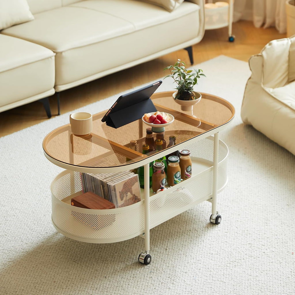 Movable Oval Coffee Table with Tempered Brown Glass and Storage, 35'' x 17'' Stylish Functional Metal & Glass Tea Table for Living Room