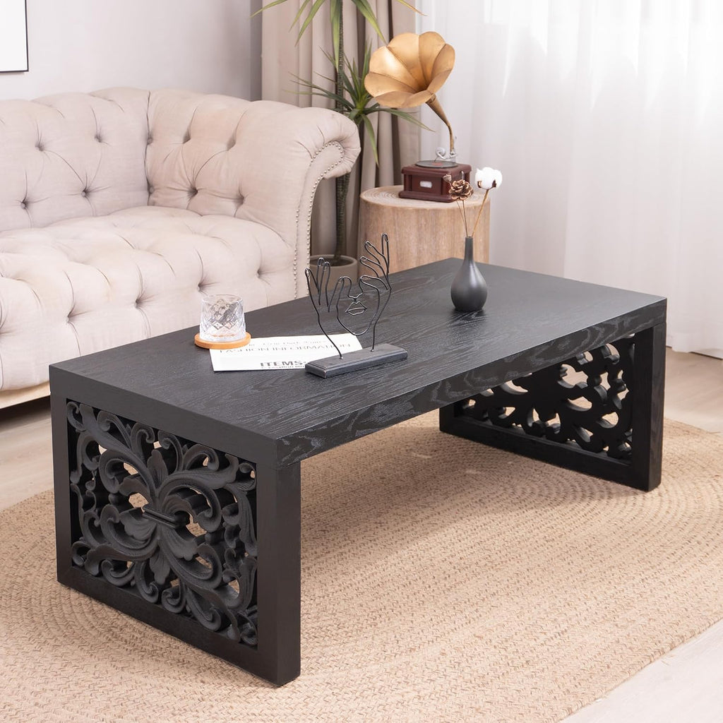 Rectangular Coffee Table with Handcrafted Ornate Side Panels, Rustic Center Table with Solid Wood Veneered, Farmhouse Tea Table for Living Room Office Apartment,47.2' L x 23.6' W x 17.9' H