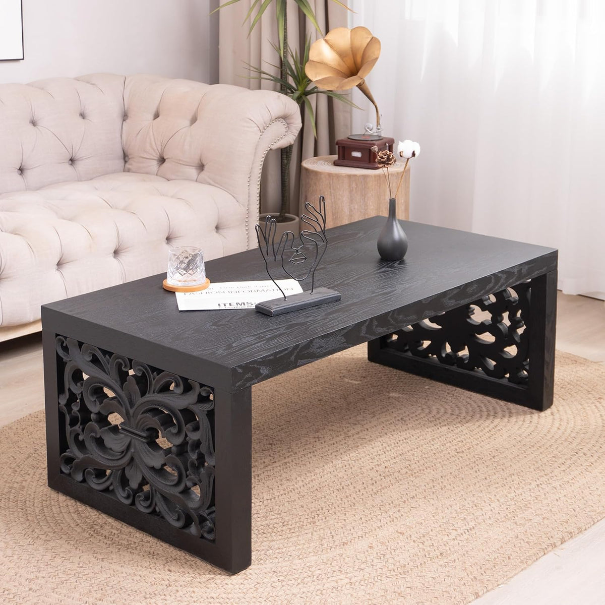 Rectangular Coffee Table with Handcrafted Ornate Side Panels, Rustic Center Table with Solid Wood Veneered, Farmhouse Tea Table for Living Room Office Apartment,47.2' L x 23.6' W x 17.9' H