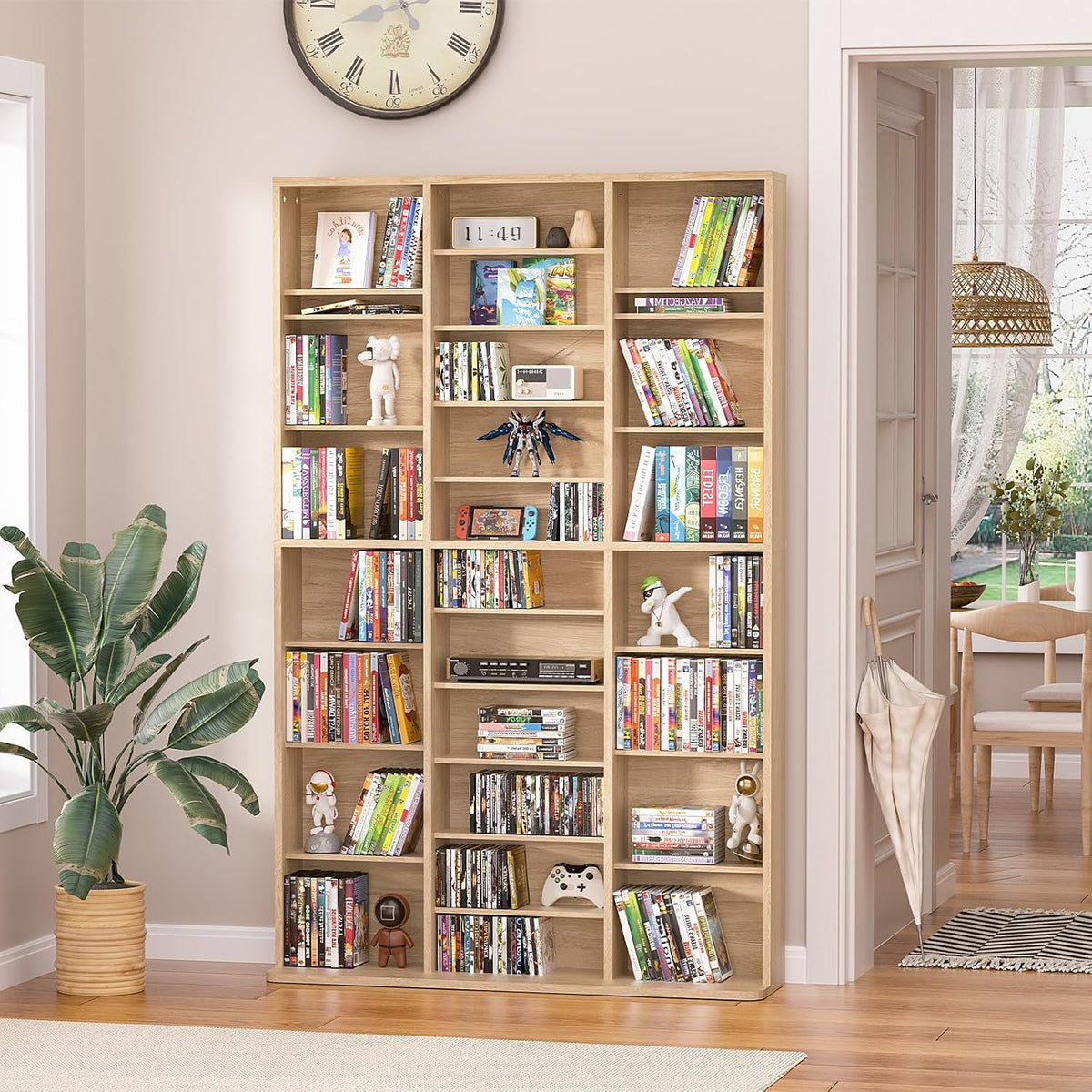 11 Tier Tall Display Cabinet, Natural Media Storage Cabinet with Adjustable Shelves, Free Standing DVD Organizer Shelf, Floor multimedia storage manga bookshelf for Living Room & Home Office.