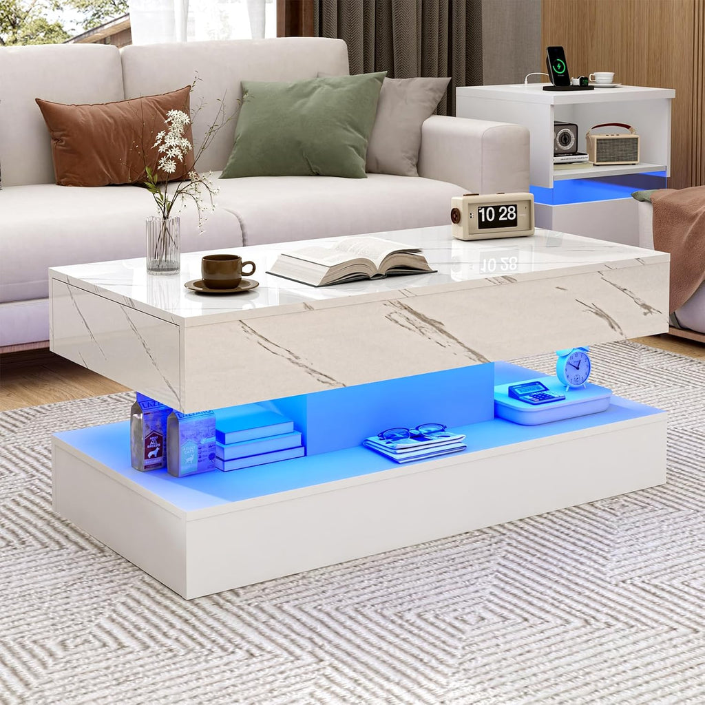 chartustriable 39.4' Large High-Glossy LED Coffee Table with 2 Sliding Drawers, Living Room Storage Coffee Tables with Marbling Print, Modern Stylish Double-Layer Center Tables w/LED Lights, White