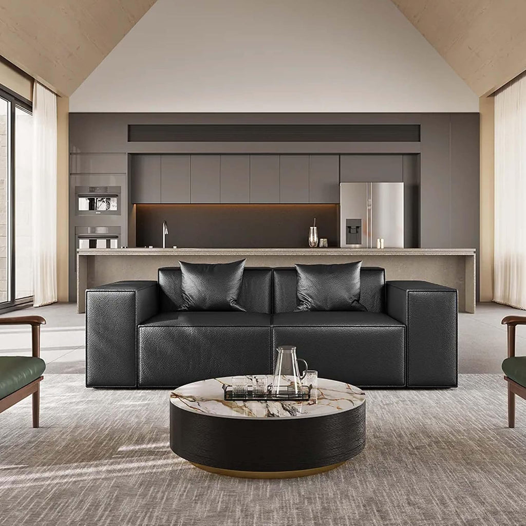 POVISON Modern Drum Coffee Table with Storage, Sintered Stone Top Round Coffee Table with Drawers, Oak Veneer, Fully Assembled, 39.37'
