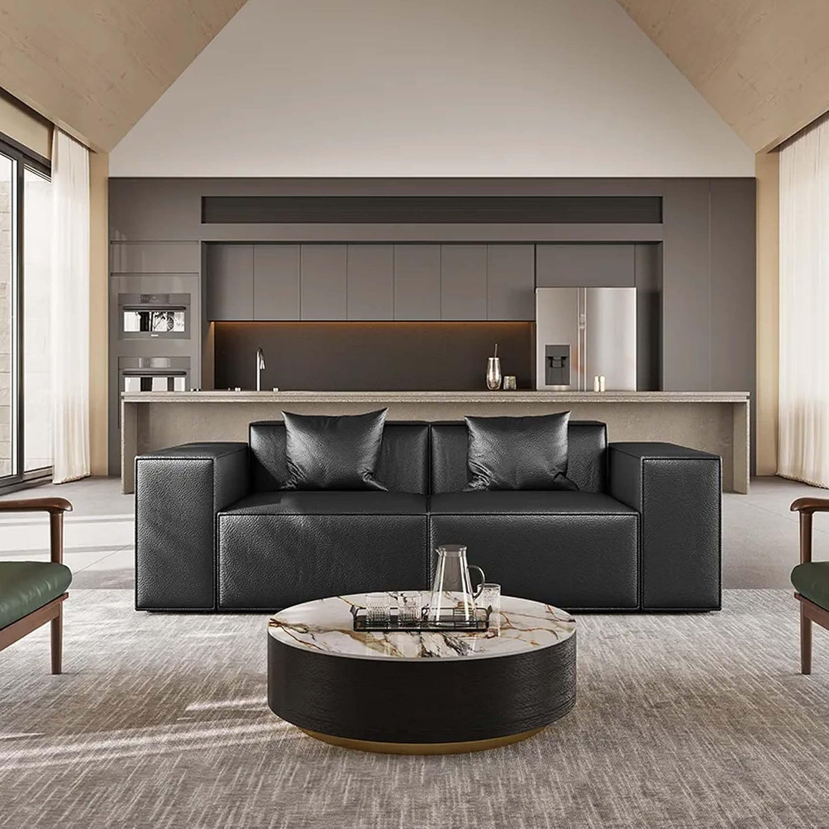 POVISON Modern Drum Coffee Table with Storage, Sintered Stone Top Round Coffee Table with Drawers, Oak Veneer, Fully Assembled, 39.37'