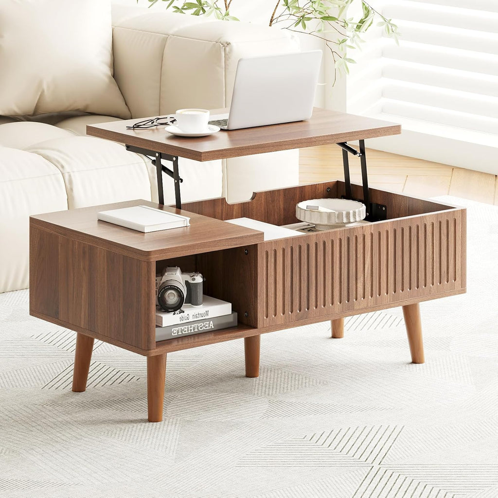 Lift Top Oval Coffee Table with Storage, 2-in-1 Height Adjustable Modern Coffee Table for Small Living Room & Apartment (Walnut)