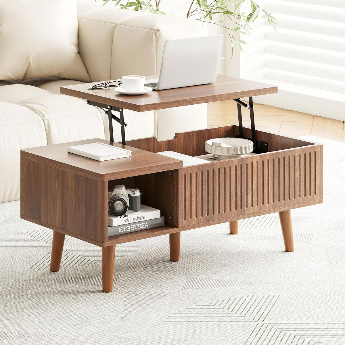 Lift Top Oval Coffee Table with Storage, 2-in-1 Height Adjustable Modern Coffee Table for Small Living Room & Apartment (Walnut)