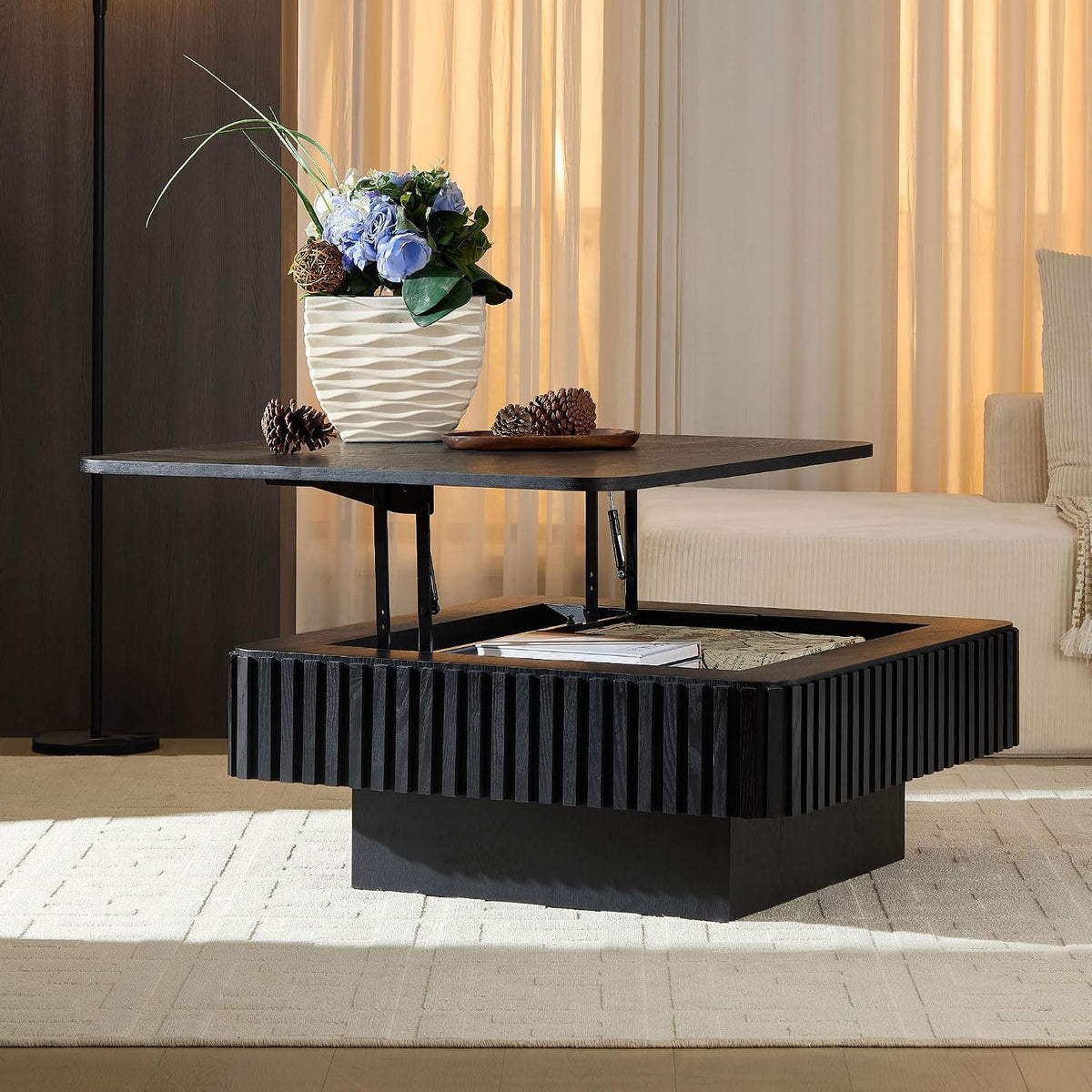 Coffee Table with Lifting Top Storage for Living Room,Fluted Lift Top Coffee Tables with Storage Solid Wood Center Table 35.43' Modern Square Lift Pull Up Tabletop for Apartment Office,Black