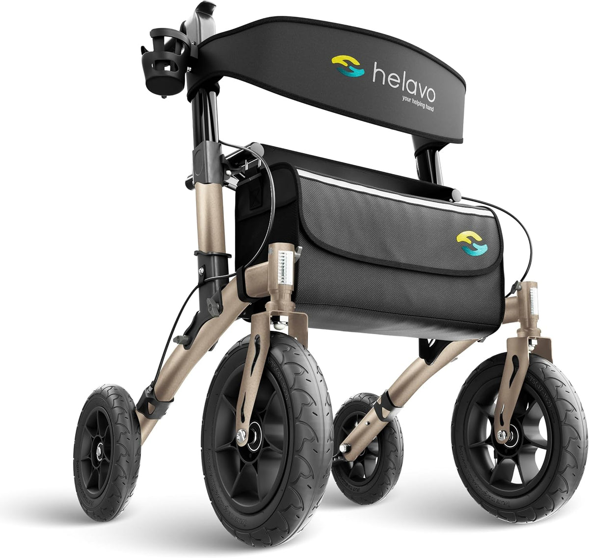 Helavo All Terrain Walker Rollator with 12' Pneumatic Tires – Foldable Outdoor Walkers for Seniors with Seat, Lightweight & Adjustable Height, Shock-Absorbing for Comfort on Any Surface