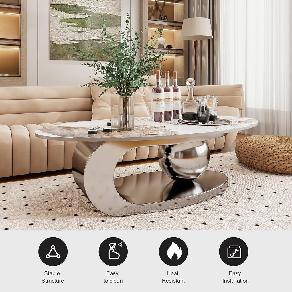 Marble Texture Coffee Table for Living Room,Modern Oval Coffee Table with Silver Stainless Steel Base for Office