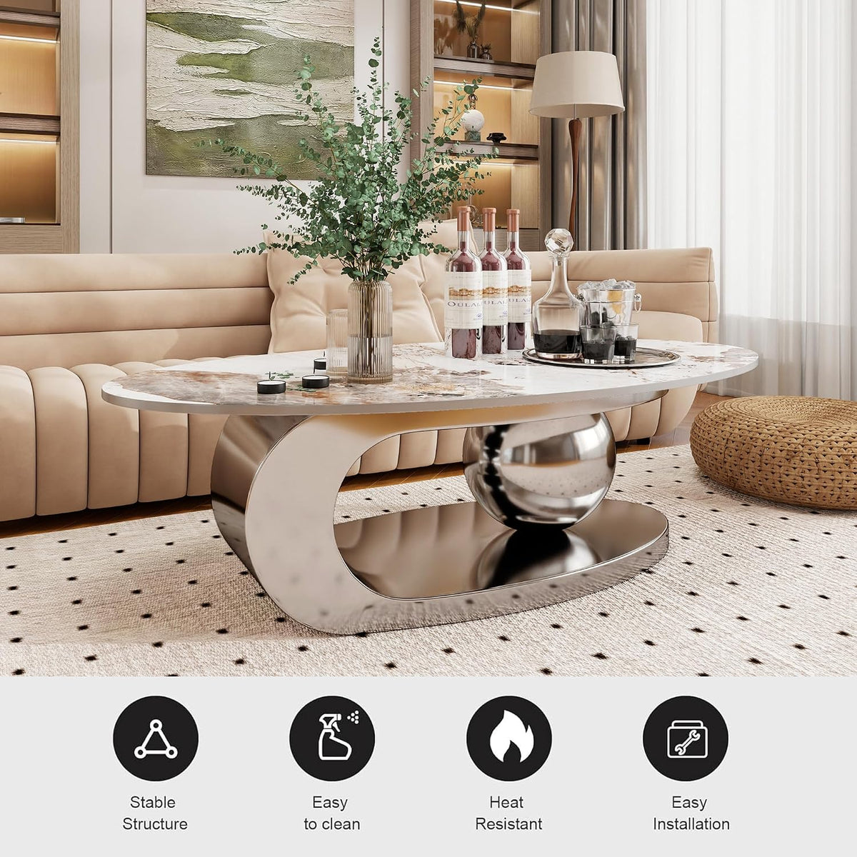 Marble Texture Coffee Table for Living Room,Modern Oval Coffee Table with Silver Stainless Steel Base for Office