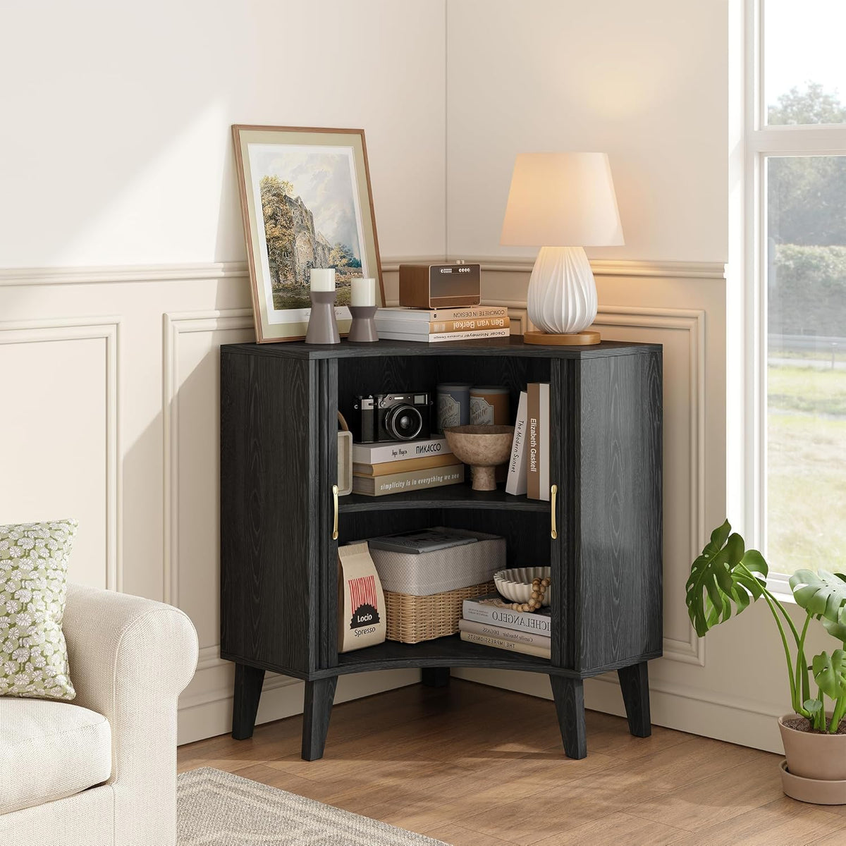 Fluted Corner Cabinet, Small Corner Floor Cabinet with 2-Sliding Doors and Adjustable Shelves, Freestanding Narrow Organizer for Small Space,Living Room, Dining RoomBathroom.Black