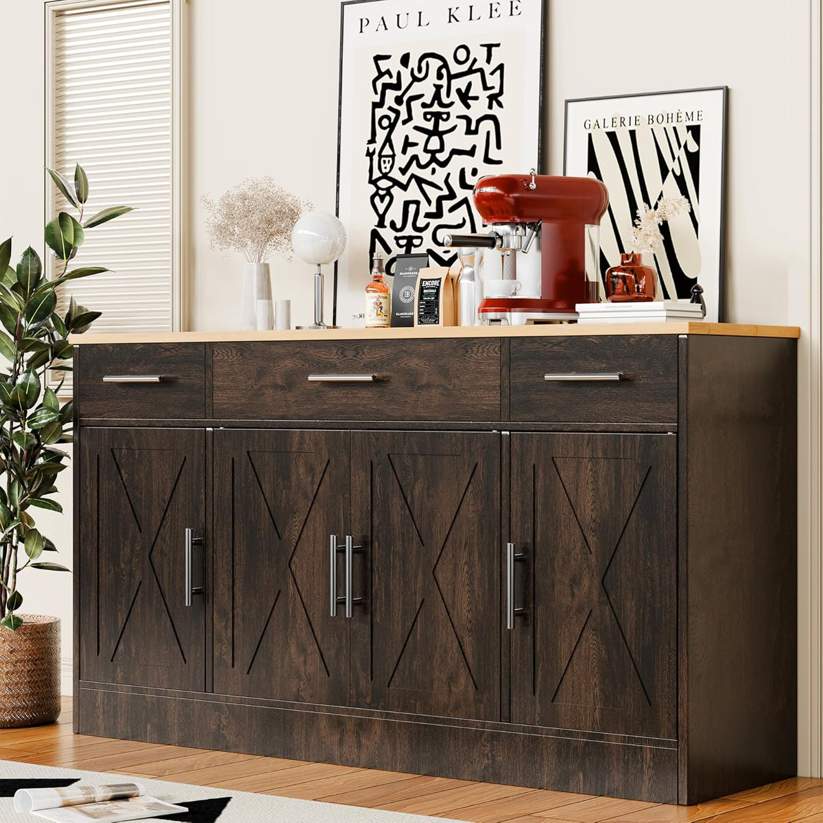 SUNLEI Kitchen Buffet Sideboard Cabinet, Farmhouse Storage Cabinet with 4 Doors and 3 Drawers, Wooden Base Cabinet with Adjustable Shelf for Living Room, Brown