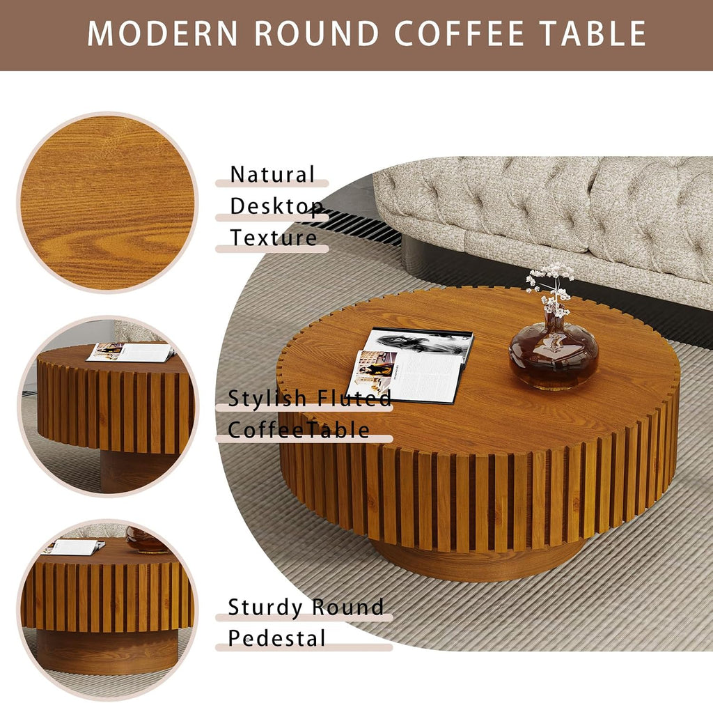 Modern Round Coffee Table for Living Room Drum Round Fluted Coffee Table Circular Pedestal Center Table for Office Patio (Round Wood)