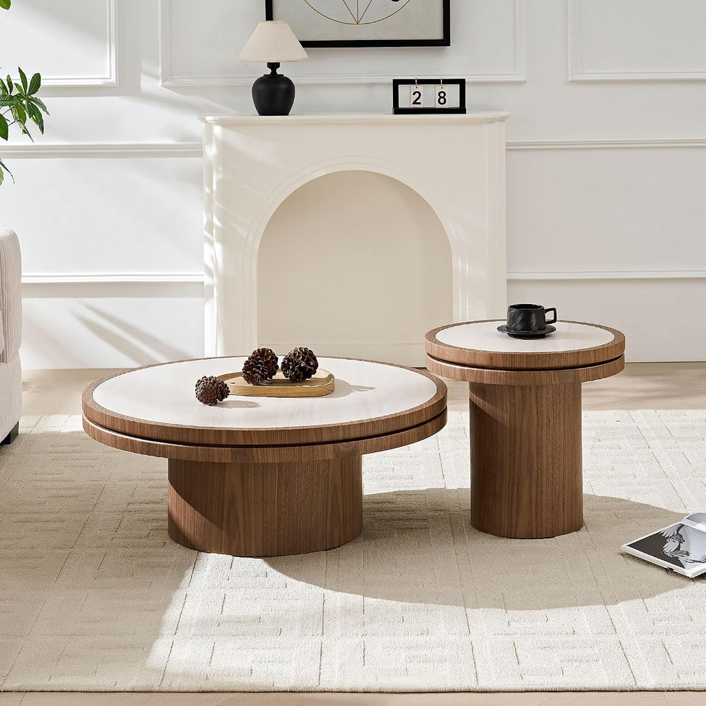 LKTART 19.49 Inch Round End Table with Sintered Stone Top, Mid-Century Modern Wood Table with MDF Pedestal, Small End Tables for Living Room Bedroom Apartment, Easy Assembly, Natural