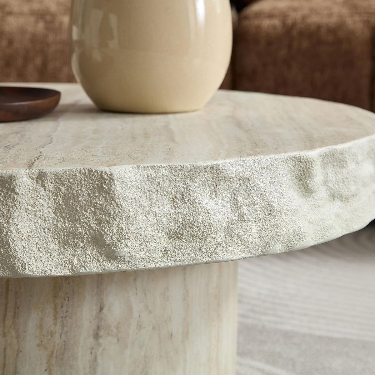 Faux Stone Round Coffee Table Set of 2 for Living Room, Modern Mid-Century Retro Pedestal Coffee Table, Fiberglass Material & Mars Textural Patterns, No Assembly, Beige