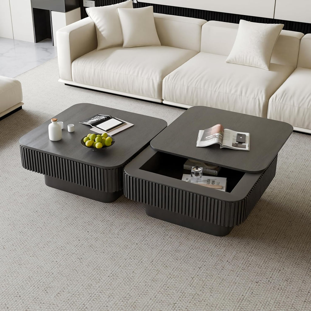 LUMISOL Square Square Coffee Table with Hidden Storage, Small Handcraft Drum Center Table with Sturdy Base, Minimalist Fluted Coffee Table for Living Room, Natural Wood