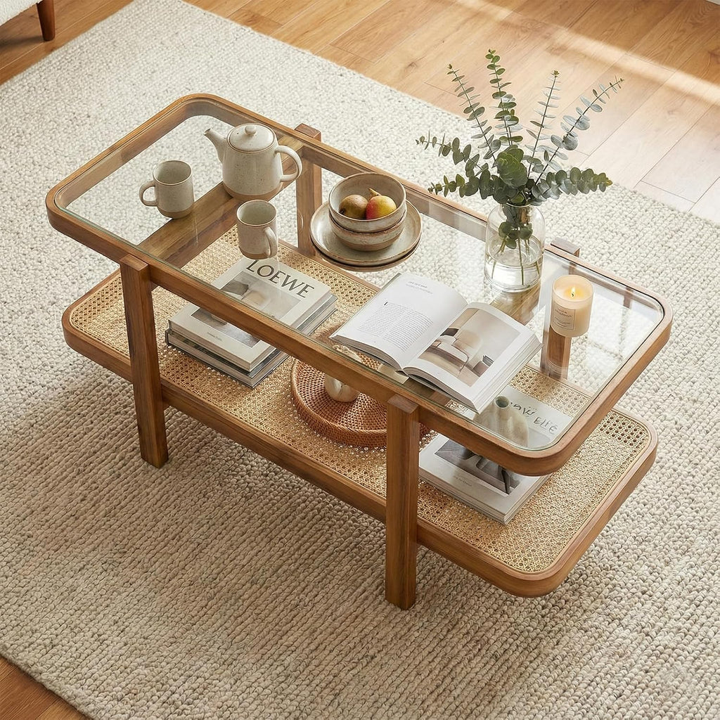 NAFORT Rattan Coffee Table, 47.5' Rectangular Glass Top Coffee Table with Solid Wood Frame and PE Rattan Storage Shelf, 2-Tier Boho Farmhouse Center Table for Living Room or Apartment