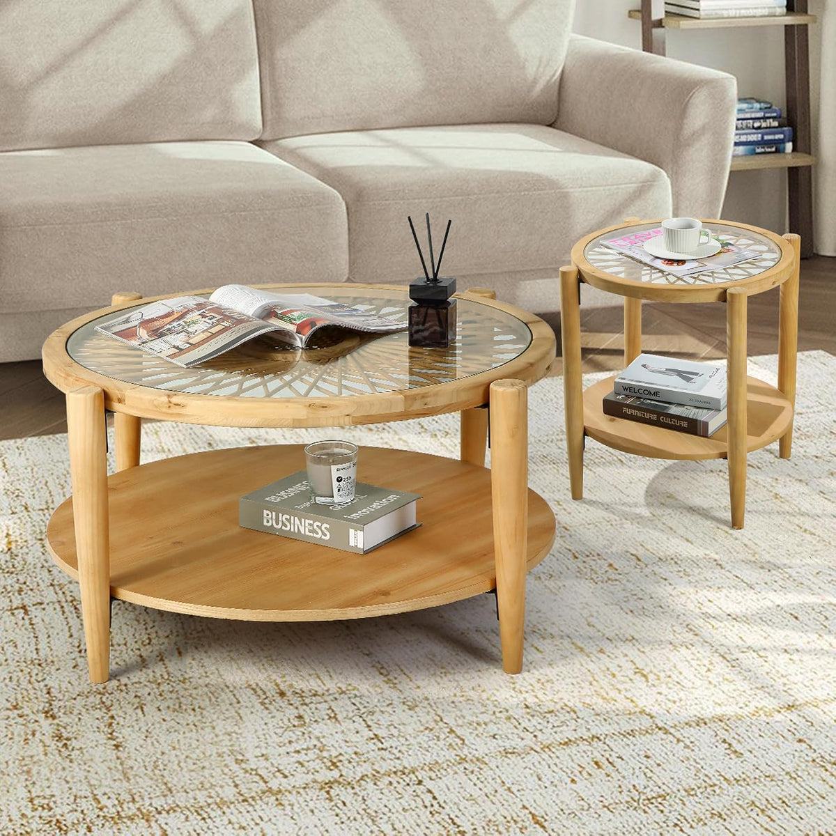 RUSTOWN Rattan Coffee Table Set of 3, Boho Living Room Table Set Includes Round Coffee Table & 2 End Tables, 3-Piece Accent Sofa Side Coffee Tables Set with Rattan & Tempered Glass Top (Natural)