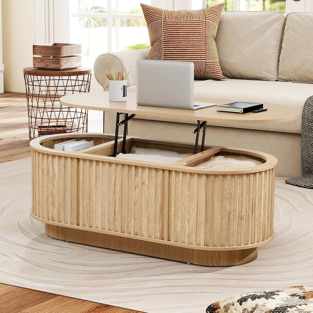 Oval Lift Top Coffee Table with Storage, 43.3'Mid Century Modern Center Table with Hidden Compartment, Fluted Wooden Lift Tabletop Dining Table for Living Room Apartment Home Office,Natural