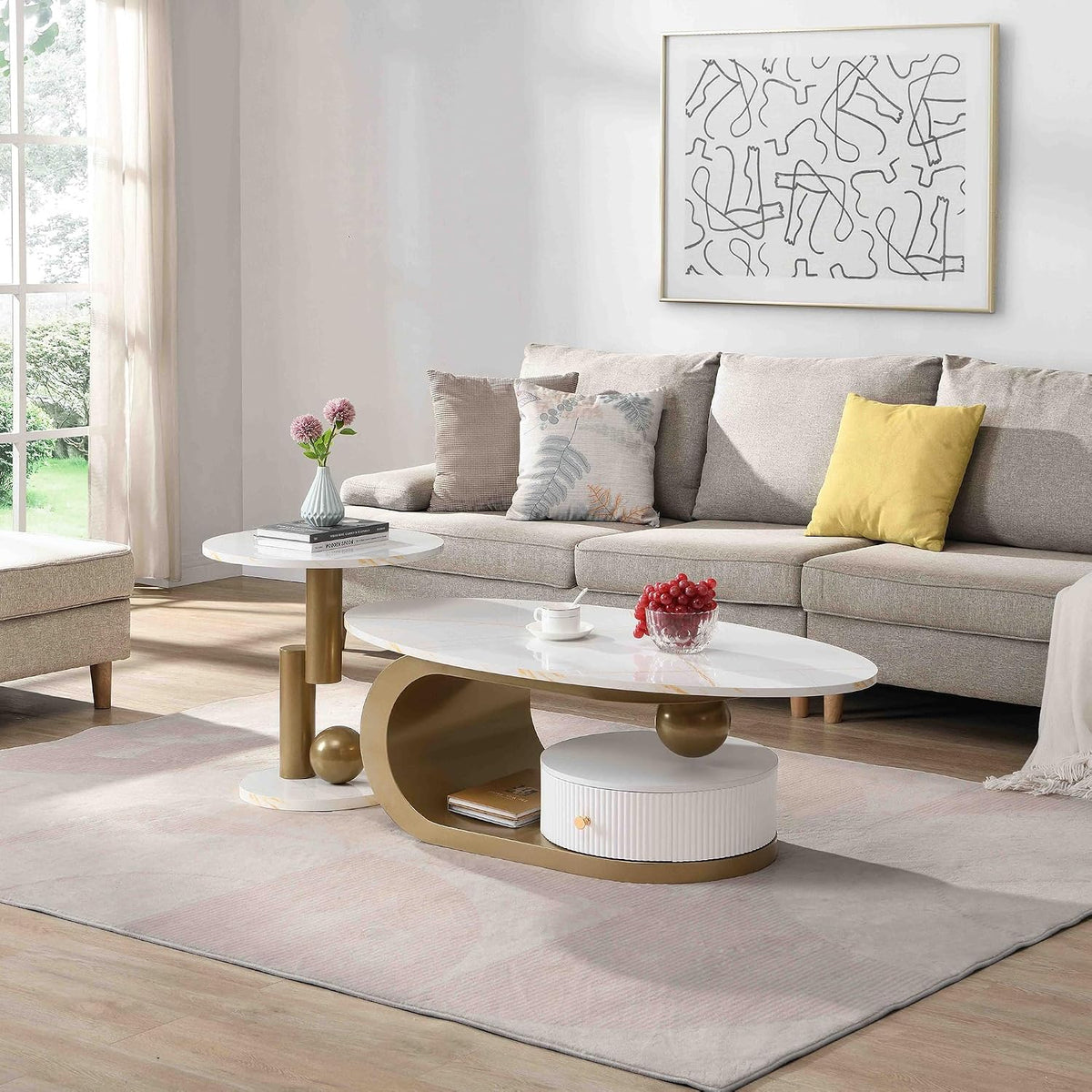 Oval Nesting Coffee Table Set of 2 Faux Marble Golden Round End Table Modern Living Room Table Large 47Inch Coffee Table with Storage Drawer, White