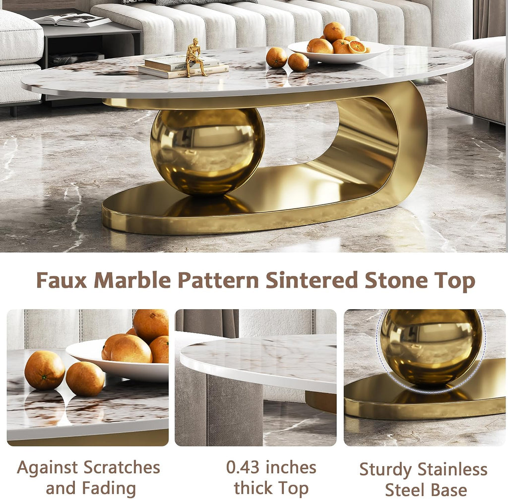 Henf Faux Marble Coffee Table for Living Room, 51 Inches Oval Imitation Marble Coffee Center Table with Gold Stainless Steel Base & Sintered Stone Tabletop