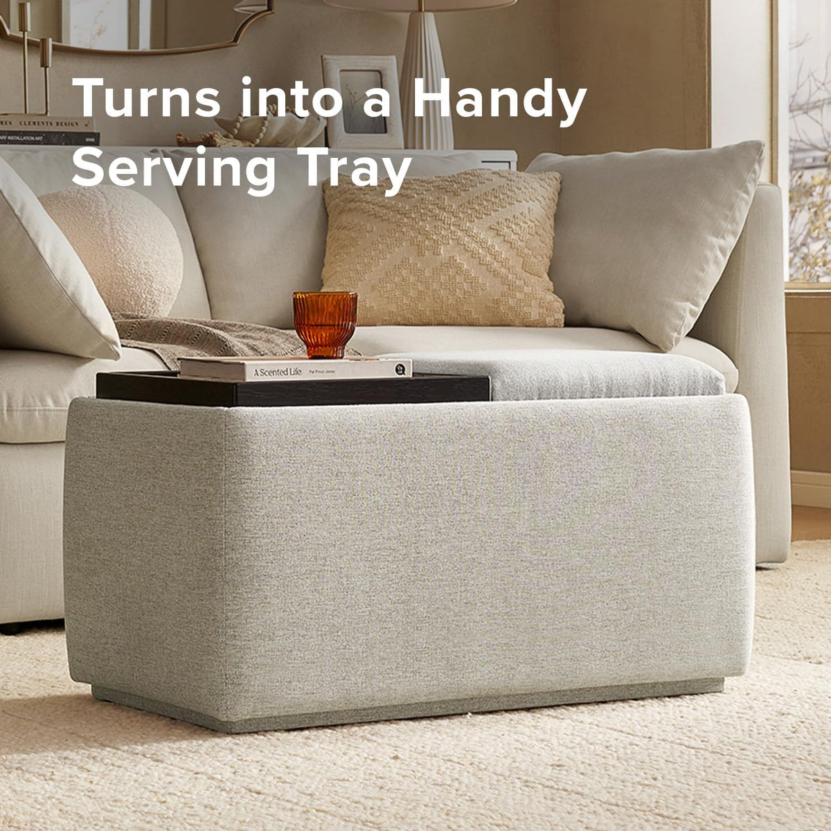 mopio Levi Storage Bench with Reversible Tray, Modern Storage Coffee Table, Bedroom Bench, Rectangular Cube Upholstered Coffee Table Ottoman for Living Room, Bedroom, Entryway (Fabric, Light Gray)