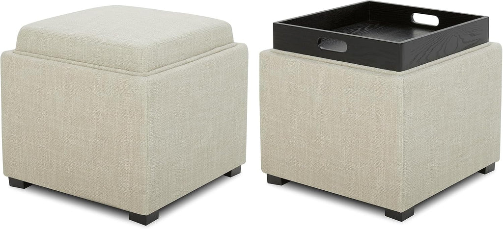 CHITA Storage Ottoman Cube with Tray Lid, Set of 2, Small Footstool with Storage, Square End Table for Living Room and Bedroom, Fabric in Linen