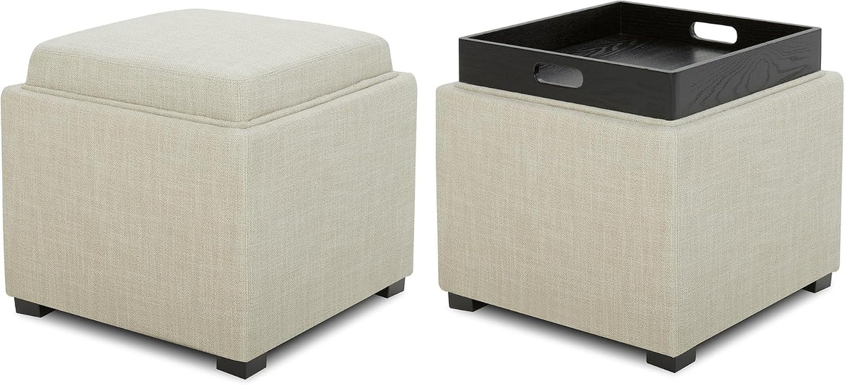 CHITA Storage Ottoman Cube with Tray Lid, Set of 2, Small Footstool with Storage, Square End Table for Living Room and Bedroom, Fabric in Linen