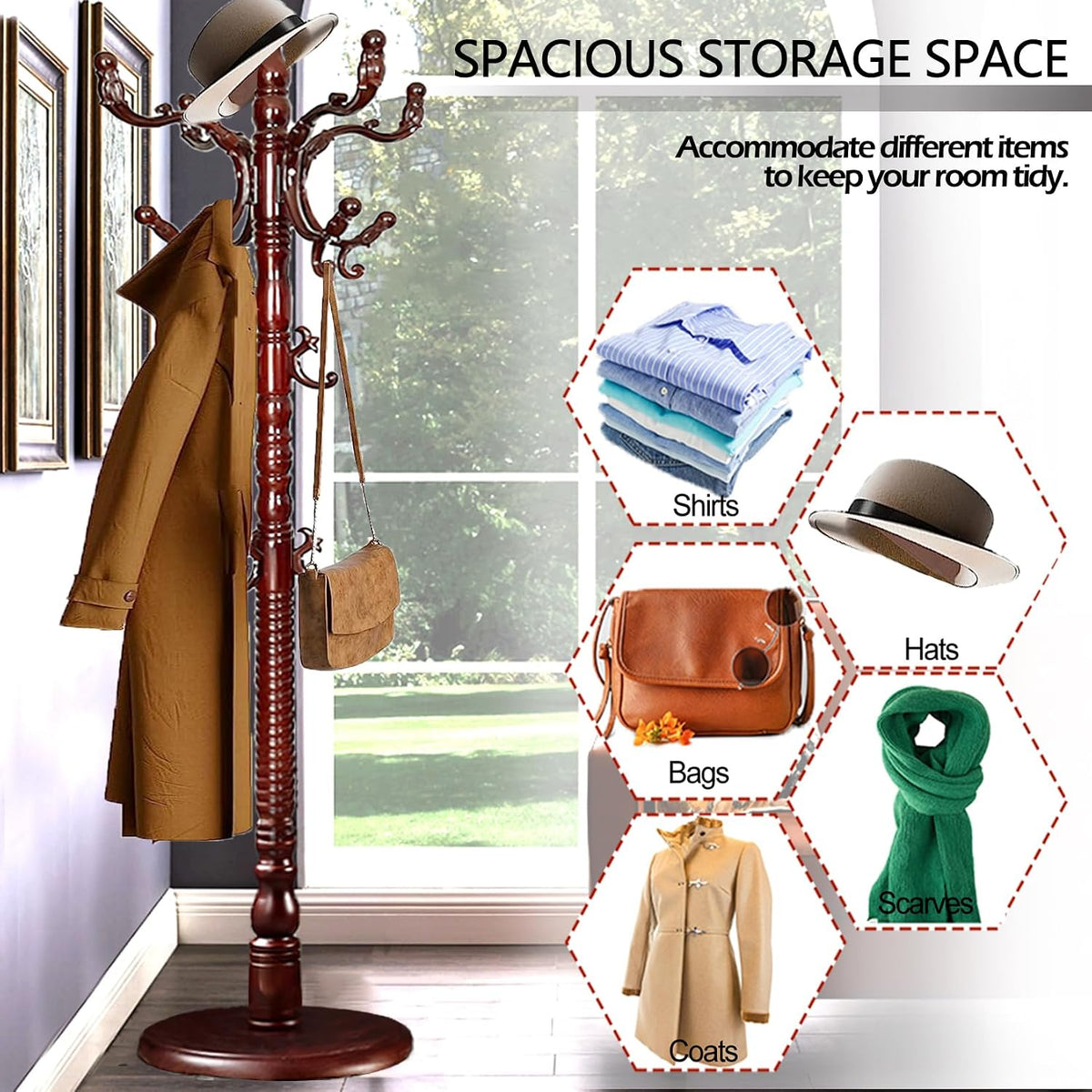 Coat Racks Free Standing with 14 Hooks, Natural Wood Coat Stands for Entryway, Adjustable Height 73 in Tree Coat Rack Stand for Hallway Home Office Bedroom (Mahogany)
