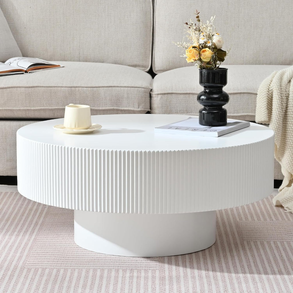 JUSTONE 31.5' Round Coffee Table, Farmhouse Wood Coffee Table for Living Room,Modern Drum End Table with Handcrafted Relief for Apartment,ø31.5'' x 13.7''H (White)